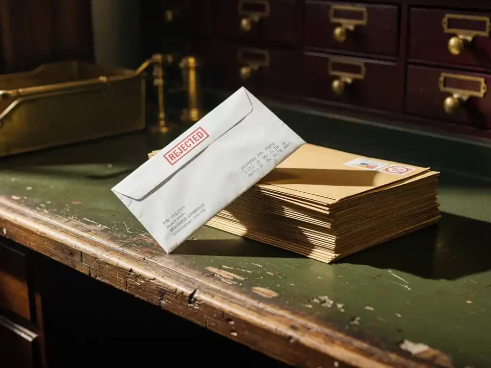 Rejected stamped envelope on a vintage post office sorting desk beside a stack of delivered mail, dramatic side lighting, olive and burgundy tones.