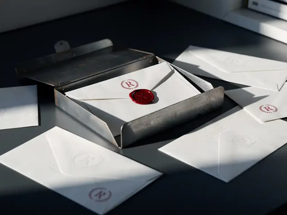 Rejected letter sealed with red wax stamp in a metal inbox tray, surrounded by scattered envelopes under dramatic side lighting.