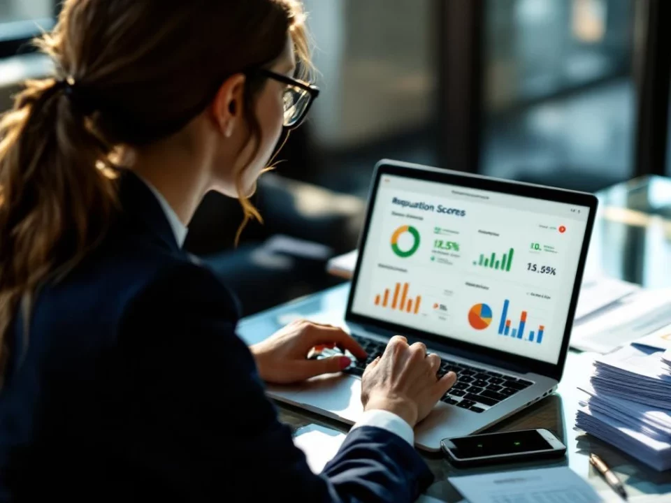 Businesswoman reviewing reputation score analytics on laptop with email delivery charts and performance metrics on office desk