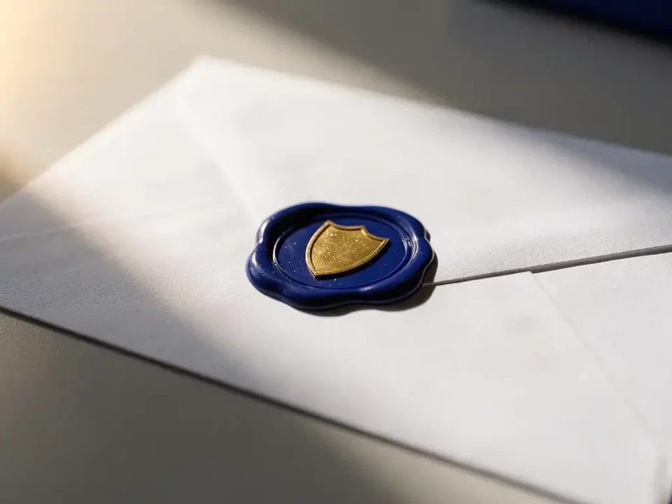 Royal-blue wax seal with a golden shield emblem pressed onto a white envelope, resting on a modern desk with warm ambient lighting.