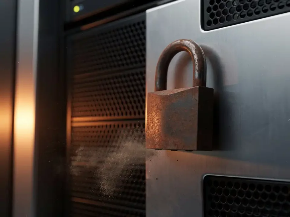 Rusted padlock left open on a modern server rack, symbolizing cybersecurity vulnerability, lit by amber warning light.