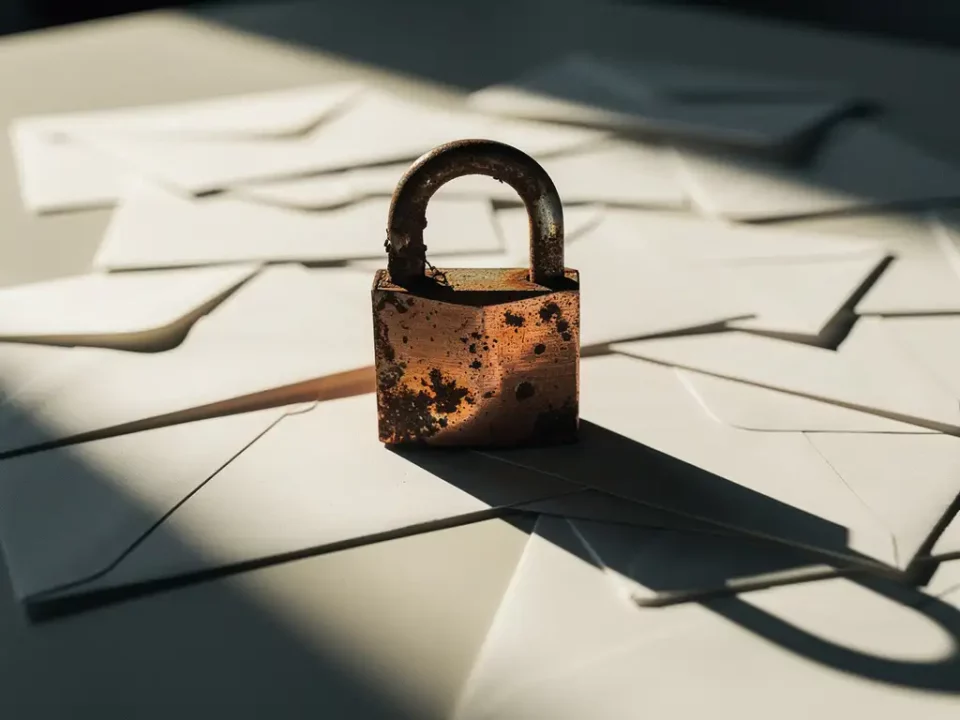Corroded padlock with weakened shackle resting on scattered white envelopes, symbolizing email security vulnerabilities.