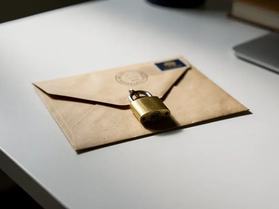 Sealed envelope secured with a vintage brass padlock on a white desk, faint postmark visible, conveying email security and authentication.