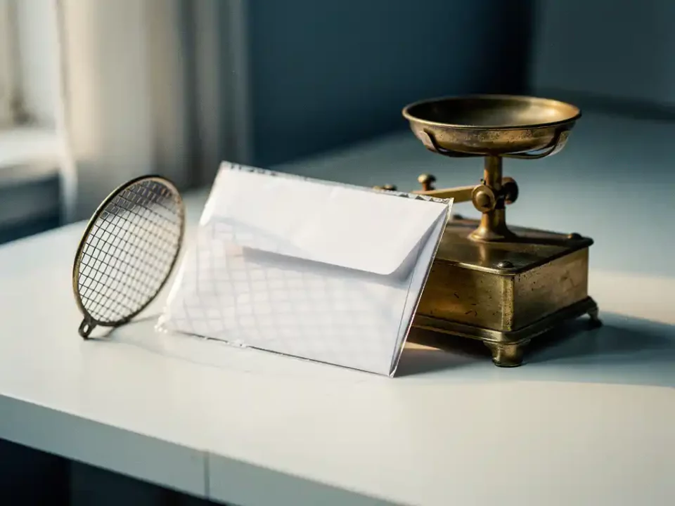 Sealed white envelope on a desk beside a vintage brass postal scale with a mesh inspection screen casting grid shadows.