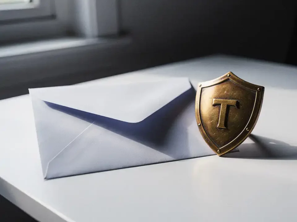 Sealed envelope on a white desk beside a brass shield emblem, soft natural light highlighting crisp paper textures and navy tones.