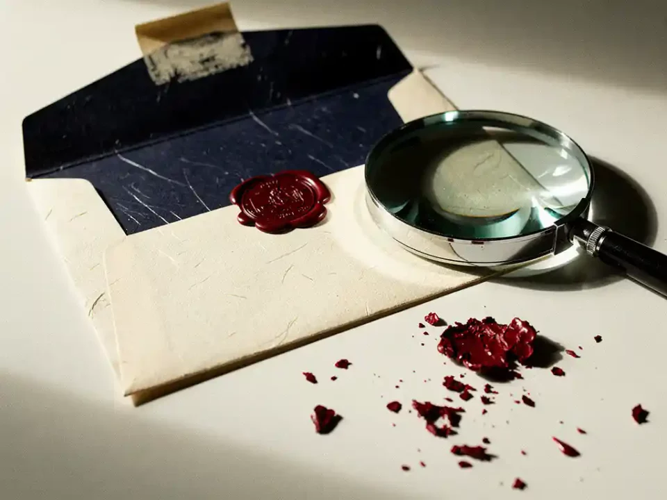 Sealed navy envelope on white desk beside broken crimson wax seal fragments and magnifying glass, soft directional light.