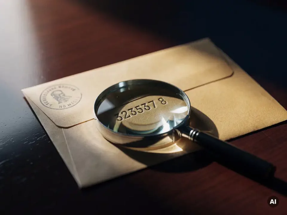 Sealed manila envelope on a dark desk with a magnifying glass revealing an embossed credit score, shot in warm amber and navy tones.