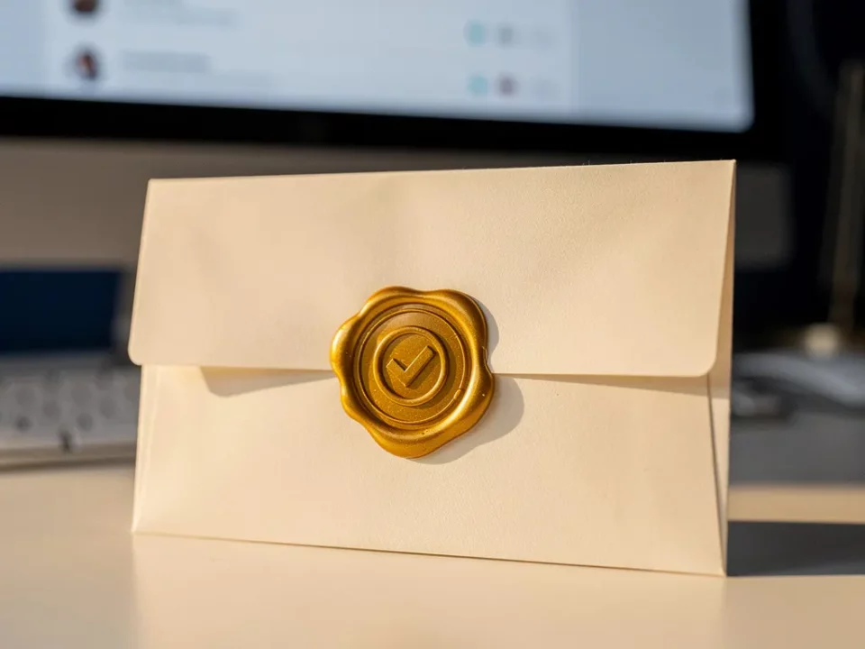 Sealed envelope with gold wax stamp on white desk, soft morning light highlighting metallic sheen, blurred monitor in background.