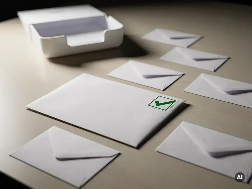 Sealed white envelope with green checkmark stamp on a modern desk, surrounded by smaller envelopes leading to an open inbox tray.