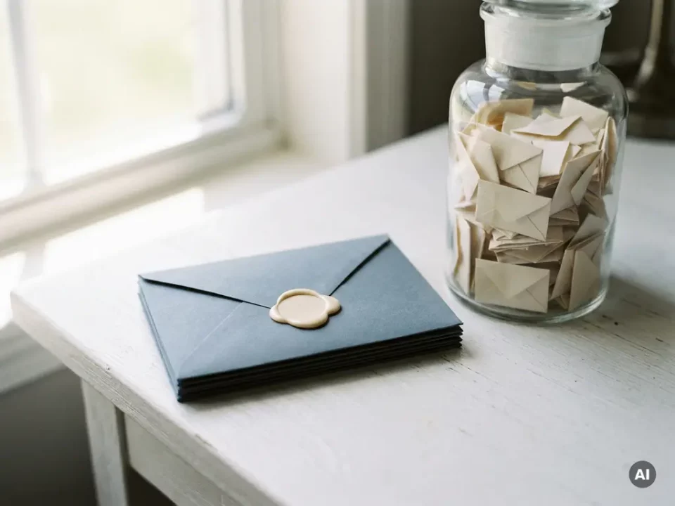 Sealed envelope on a white desk beside a glass jar filled with dozens of miniature envelopes, soft natural light, shallow depth of field.