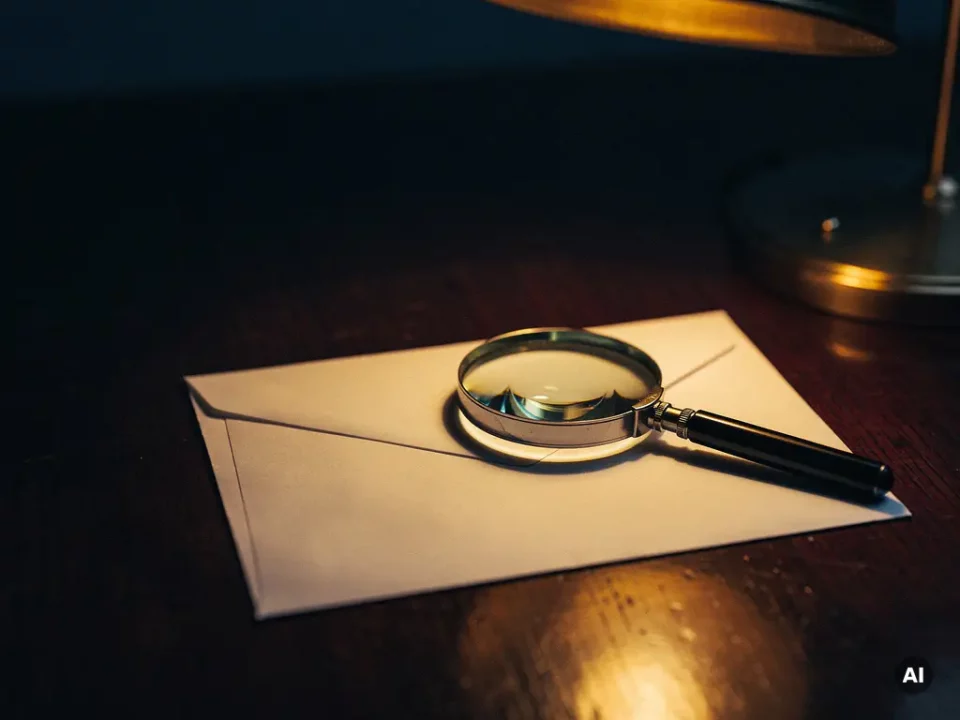 Sealed envelope on mahogany desk with magnifying glass over flap, lit by warm amber lamp against deep shadows.
