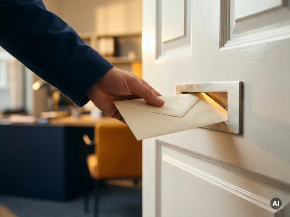 Sealed envelope hand-delivered through a brushed metal mail slot in a white door, warm golden light glowing from the other side.