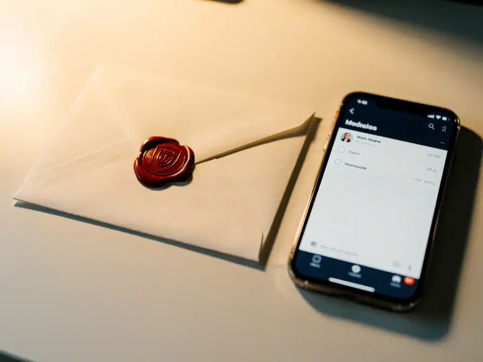 Sealed navy envelope with red wax emblem beside a smartphone inbox on a white desk, warm golden light highlighting authentication and trust.
