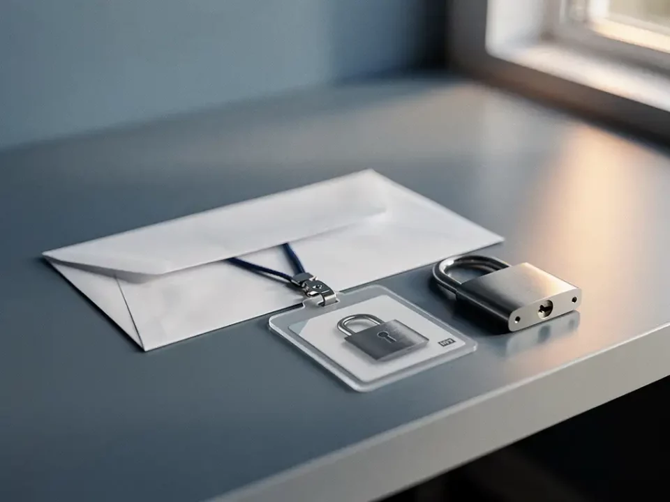 Sealed envelope on a modern desk beside a security badge and padlock symbolizing authenticated sender identity.