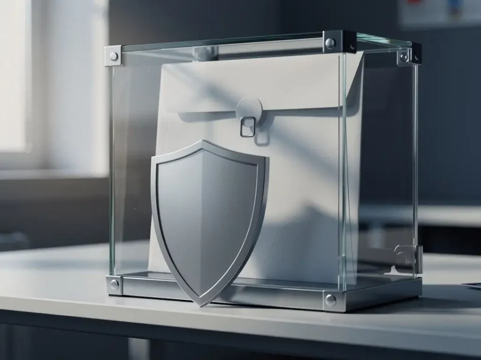 Sealed envelope locked inside a transparent security vault on a modern desk, with a shield casting a soft shadow over it.
