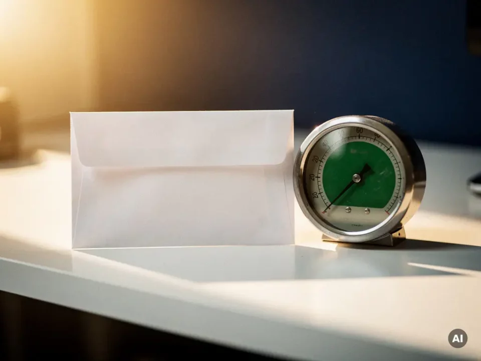 Sealed navy envelope on a white desk beside a vintage analog gauge with needle in the green zone, warm golden light.