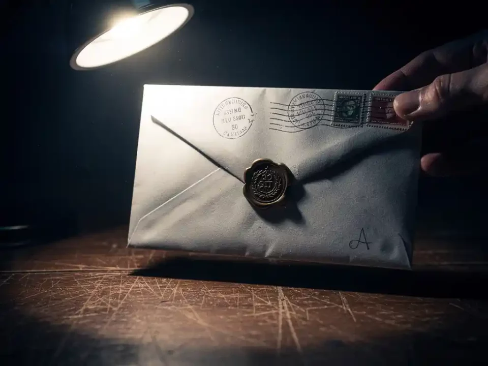 Sealed envelope with wax seal and authentication stamps held under a bright interrogation lamp, casting shadows on a dark wooden table.