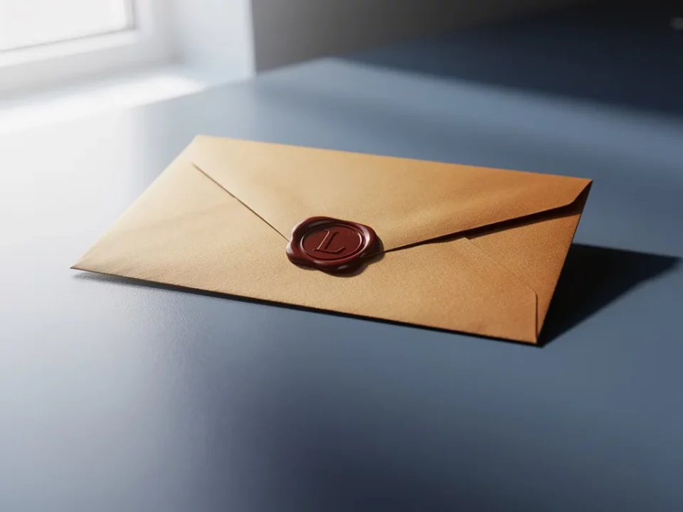 Sealed amber envelope with red wax stamp on a slate-blue desk, soft natural light highlighting paper grain and secure authentication.