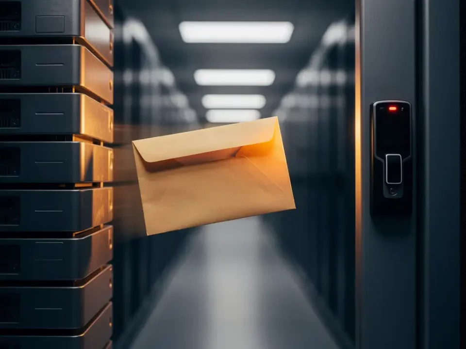 Sealed envelope passing through a glowing security checkpoint gate built from server racks in a modern data center corridor.