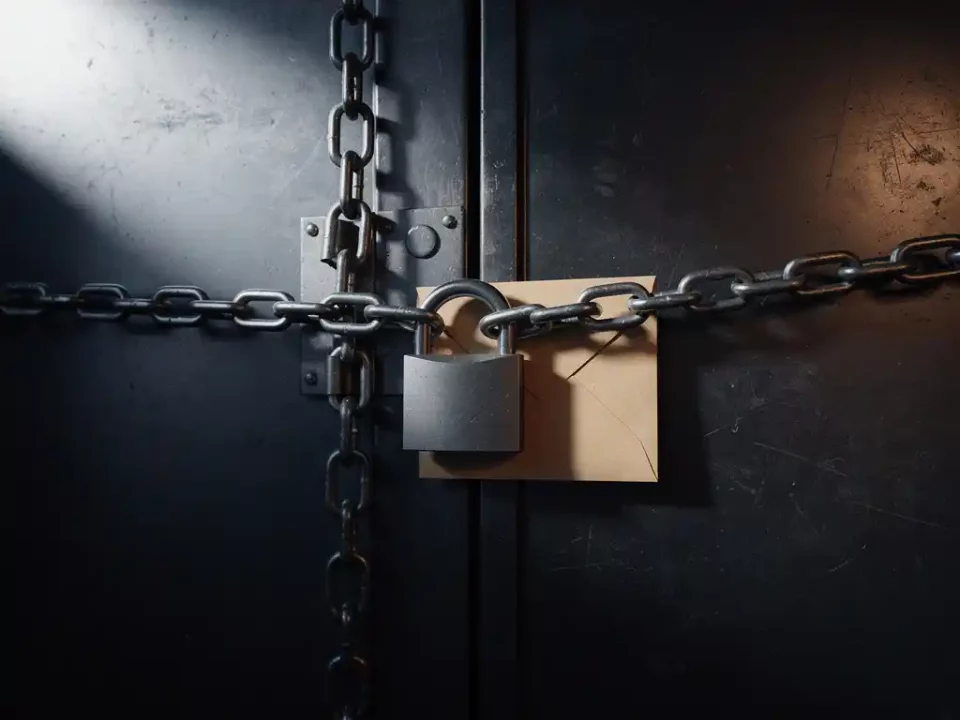 Steel vault door sealed with chain and padlock, envelope tucked behind the lock, dramatic side lighting with warm amber accent on dark background.