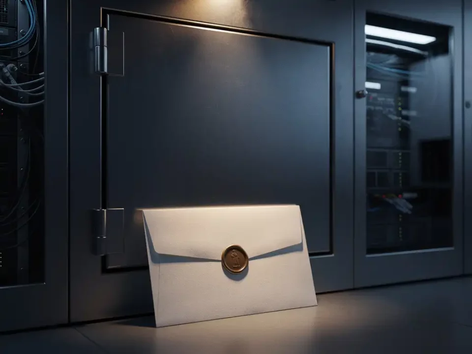 Sealed metal vault door in a server room with an authorized wax-stamped envelope resting against it, lit by warm amber light.