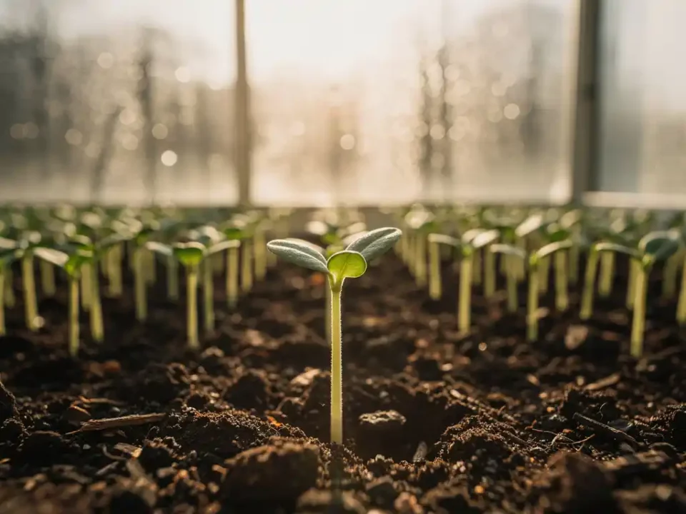 Seedling sprouting from dark soil in a glass greenhouse, surrounded by rows of plants at progressive growth stages in warm morning light.