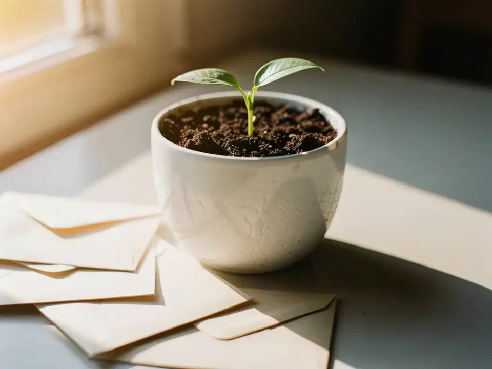 Seedling sprouting in a white ceramic pot surrounded by scattered envelopes, bathed in warm morning window light.