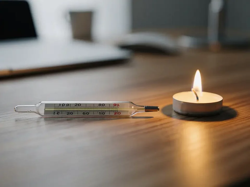 Thermometer on wooden surface beside small candle flame, symbolizing gradual email sender reputation warming, with soft amber bokeh background.