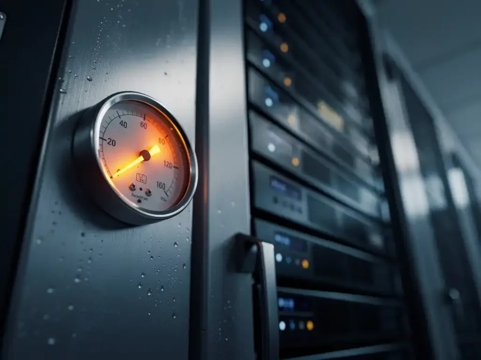 Temperature gauge with amber needle rising beside a server rack in a data center, highlighting heat management challenges.