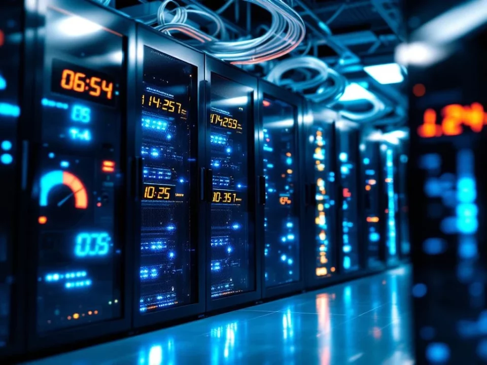 Modern server rack in data center with blue LED indicators transitioning to amber, organized ethernet cables, temperature monitoring.