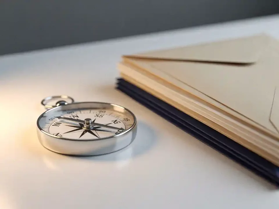 Silver compass with needle pointing forward resting beside a stack of sealed envelopes on a white desk, lit by warm directional light.