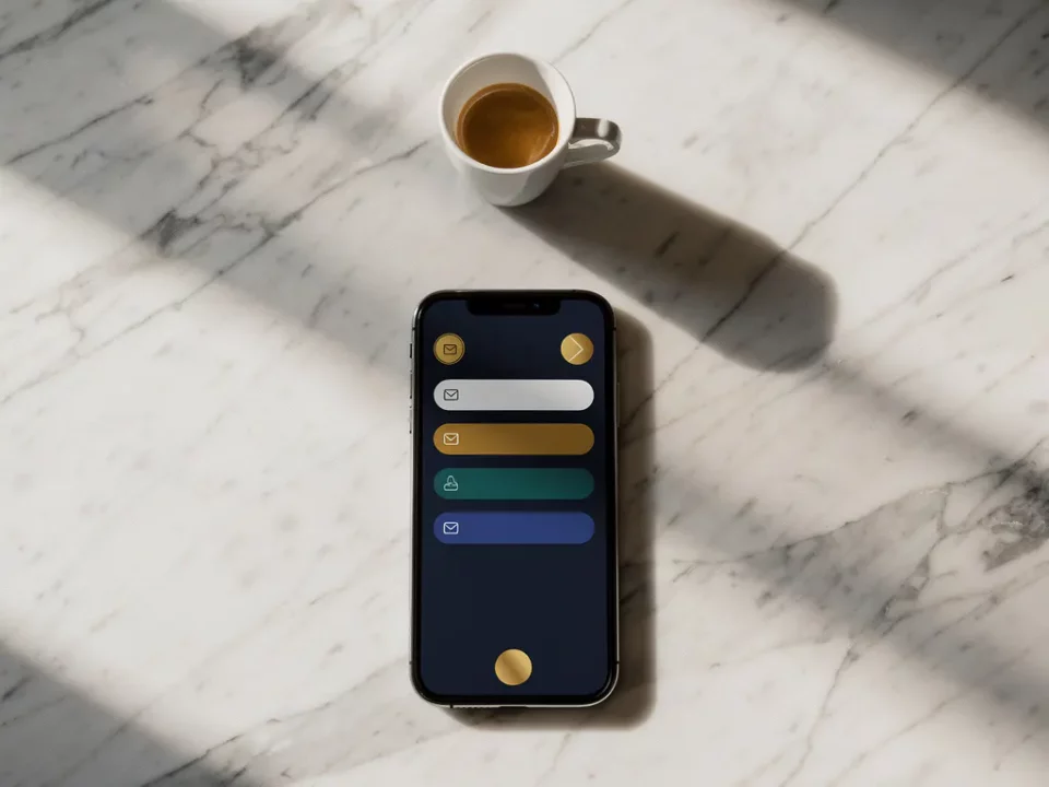 Smartphone on white marble desk displaying email inbox, with blurred espresso cup in background and warm natural light.