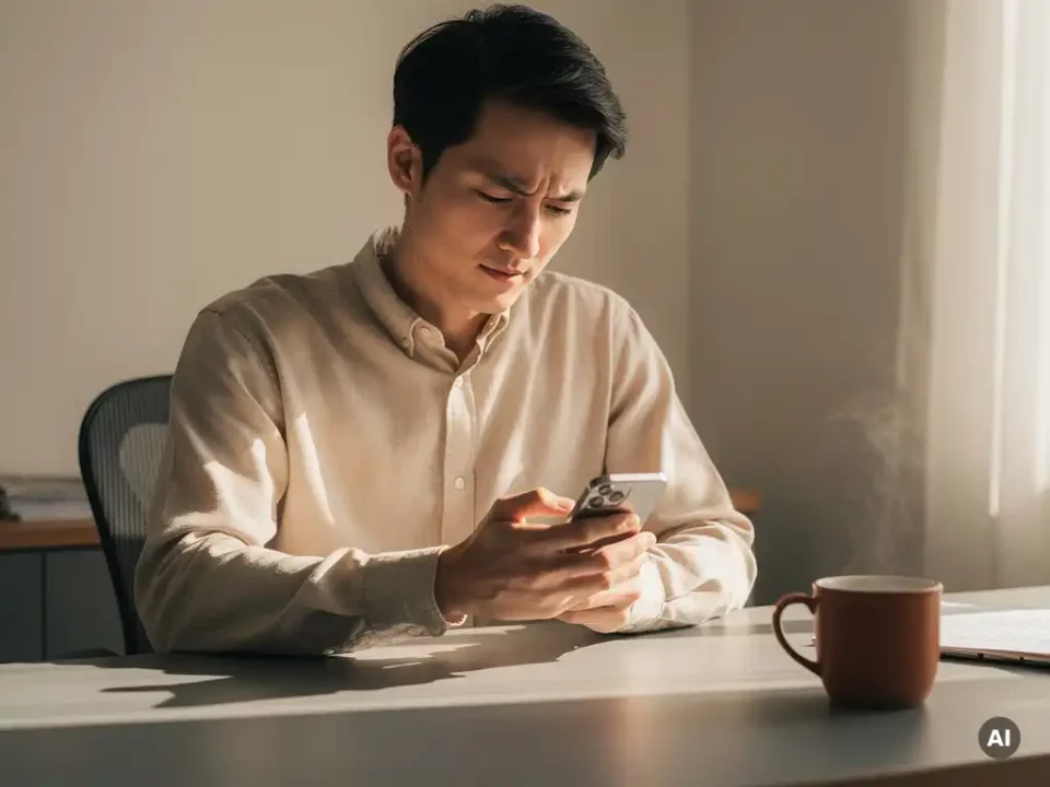 Person quickly scanning an email on a smartphone at a minimalist home office desk with a warm coffee mug in soft natural light.