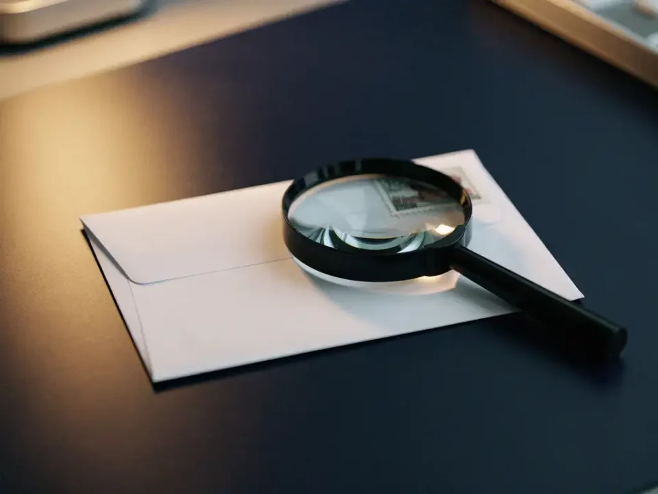 Sealed envelope on a modern desk with a magnifying glass inspecting a postage stamp for authentication, navy and amber tones.