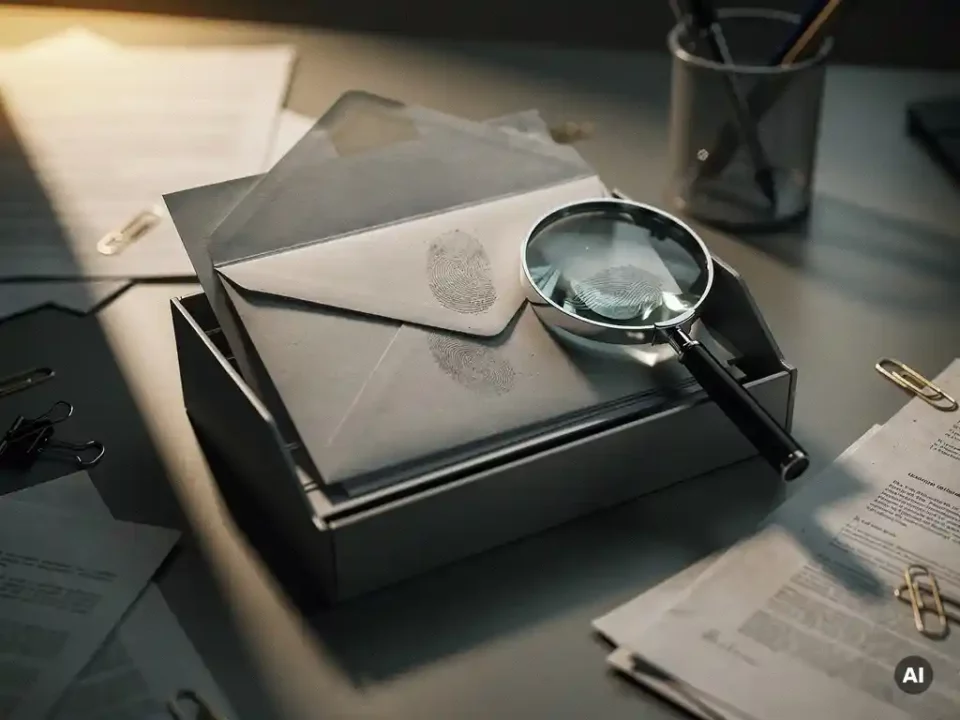 Suspicious unopened email in a cluttered inbox tray beside a magnifying glass on a modern desk, dramatic side lighting with muted grey and amber tones.