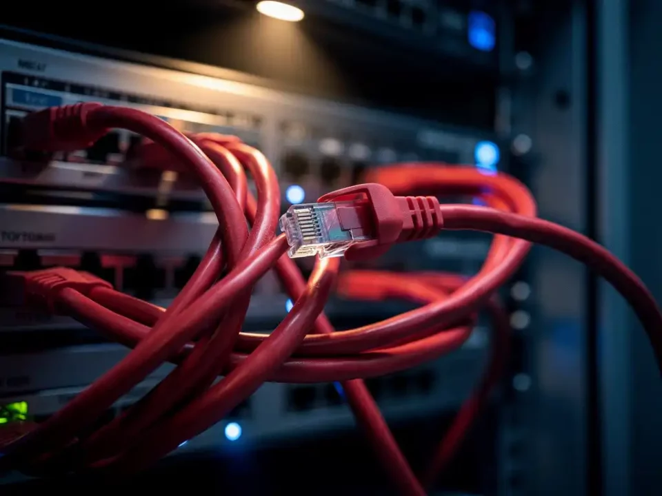 Tangled red ethernet cables overwhelming a server rack, one cable strained near its connector in a modern data center.