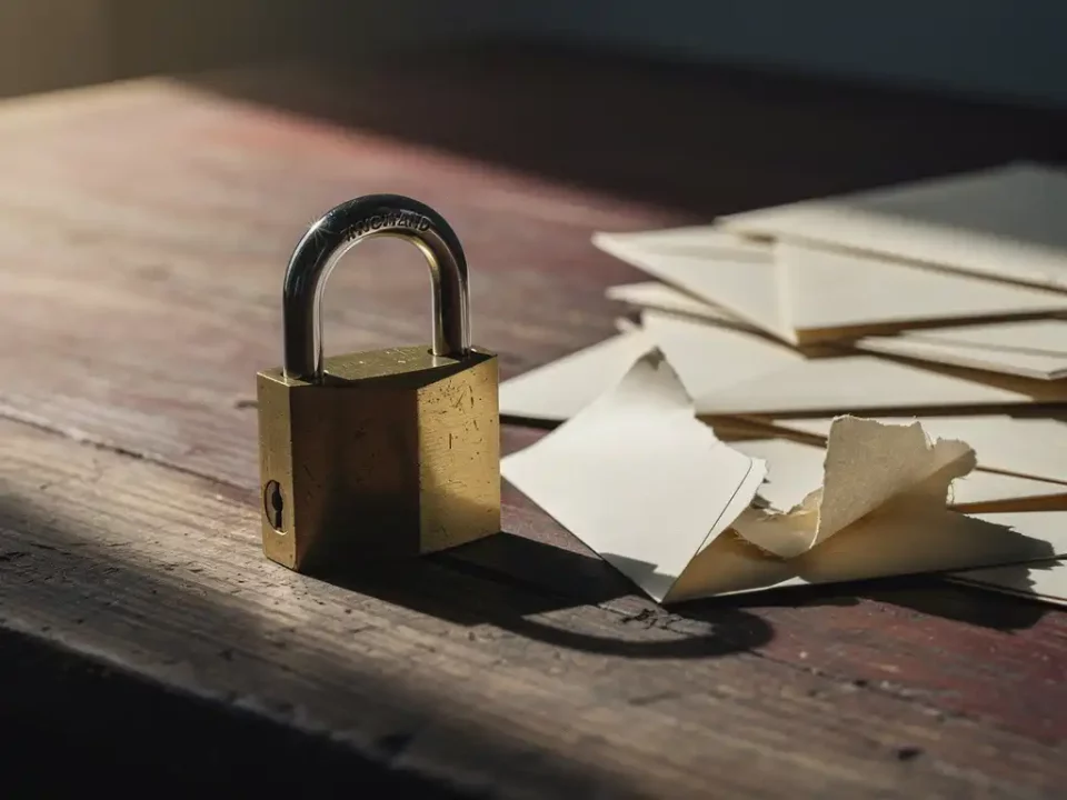 Unlocked brass padlock beside scattered envelopes on a weathered wooden desk, one torn open, dramatic side lighting casting deep shadows.