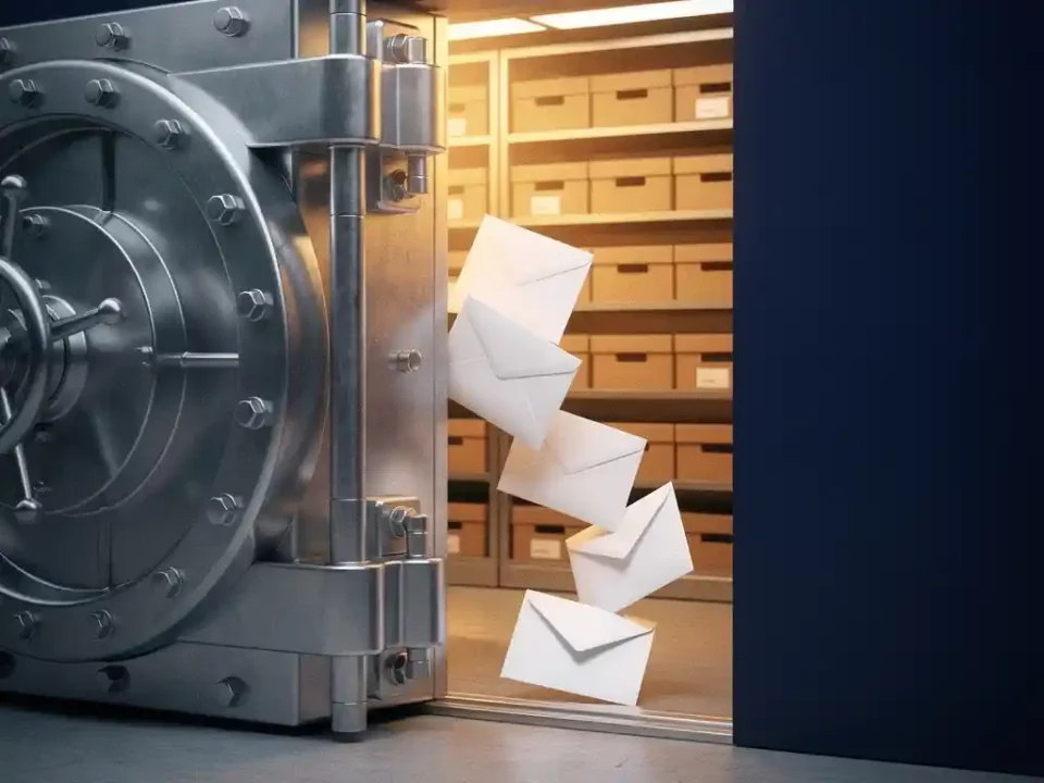 Steel vault door ajar with white envelopes flowing through the opening into a bright mail room, symbolizing authenticated email delivery.