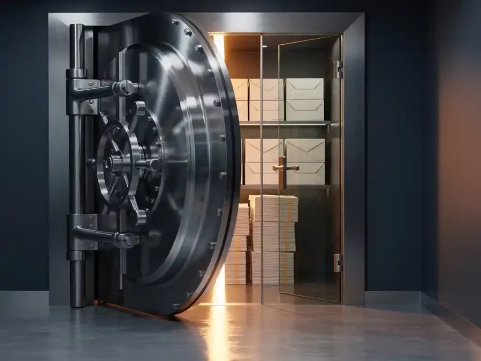 Steel vault door half-open in a modern office corridor, revealing sorted envelopes behind a glass partition with amber accent lighting.