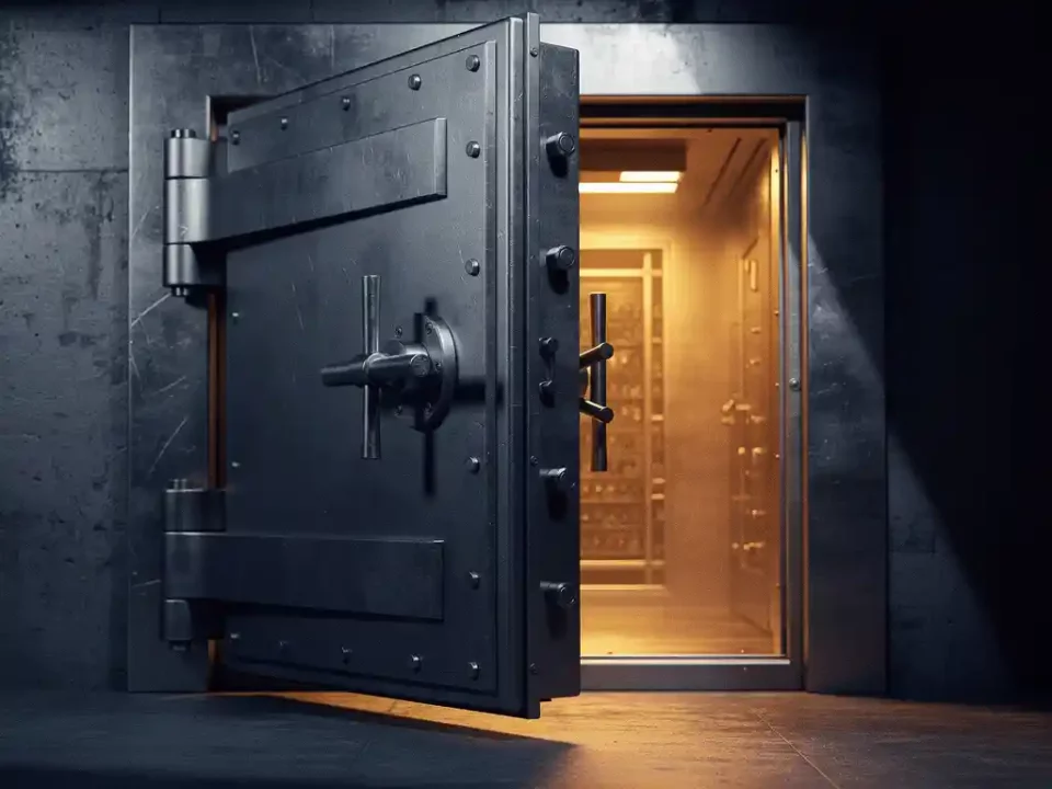 Heavy iron vault door swinging open with steel deadbolt engaged, revealing a warm amber-lit secure chamber in dramatic side lighting.