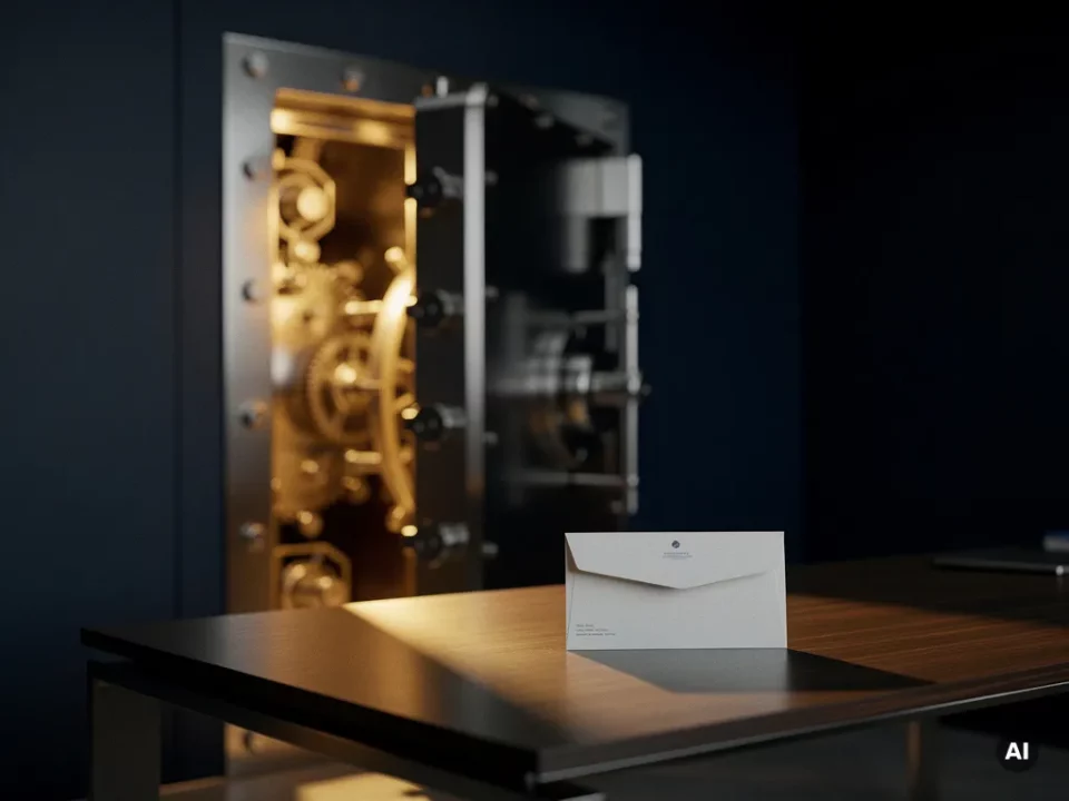 Heavy steel vault door ajar, warm amber light spilling onto a modern desk with a sealed envelope in the foreground.