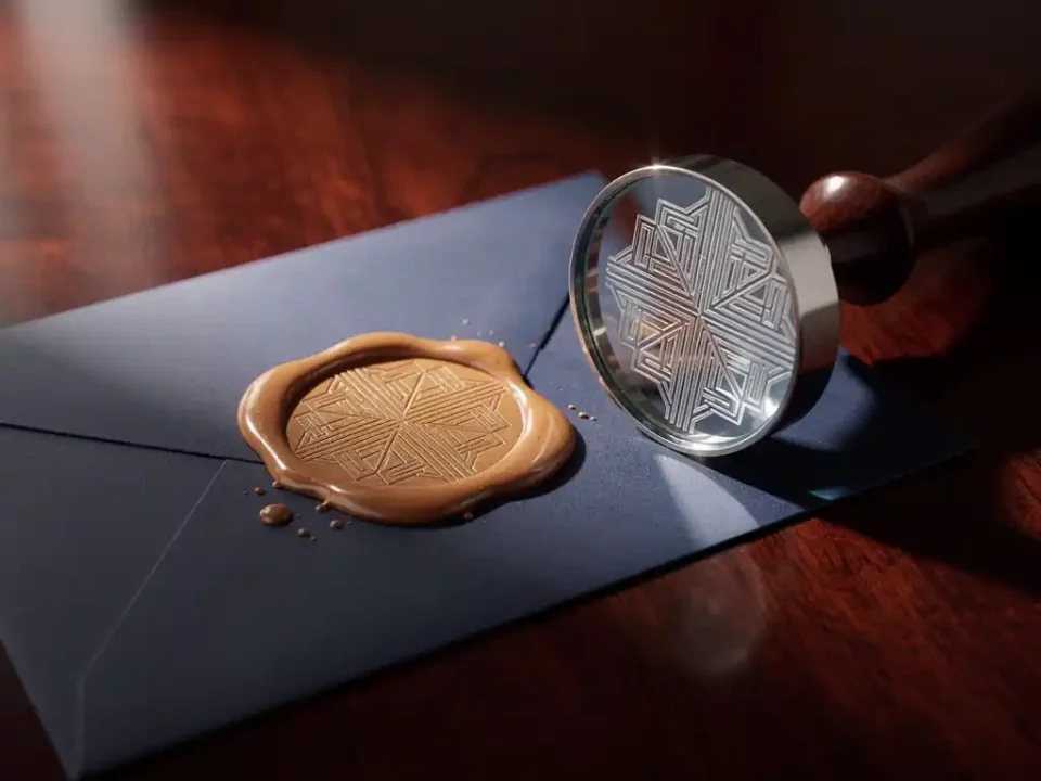 Verified brand stamp pressed into amber wax beside a sealed envelope on mahogany desk, magnifying glass revealing geometric details.