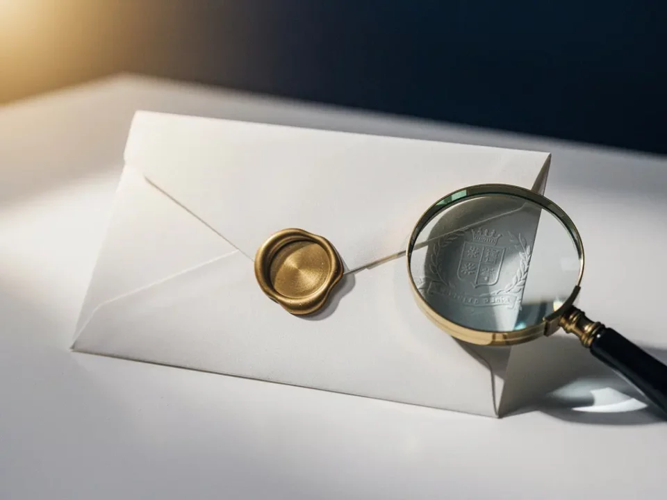 Sealed envelope with brass wax stamp on white desk, magnifying glass revealing authentication marks in warm directional light.