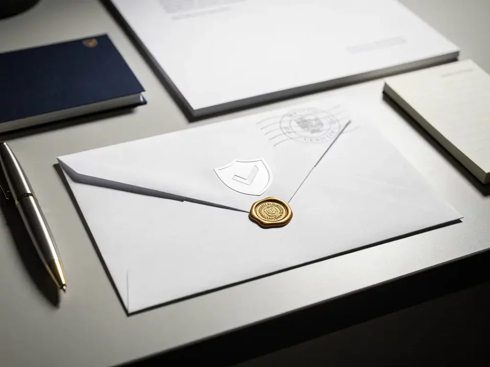 White envelope with verified sender shield and gold wax seal on a modern desk, surrounded by professional stationery in navy and gold tones.
