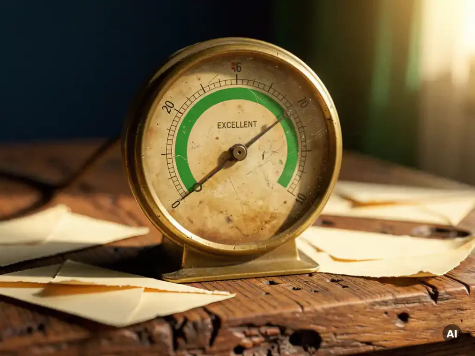 Vintage analog gauge needle pointing to the green excellent zone, surrounded by warm paper scraps on weathered oak with brass accents.