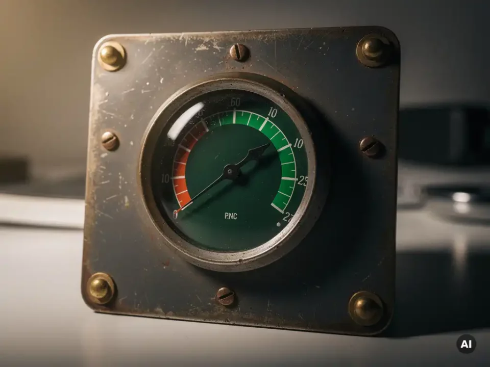 Vintage brass analog gauge with needle in green zone, mounted on weathered metal panel with warm studio lighting.