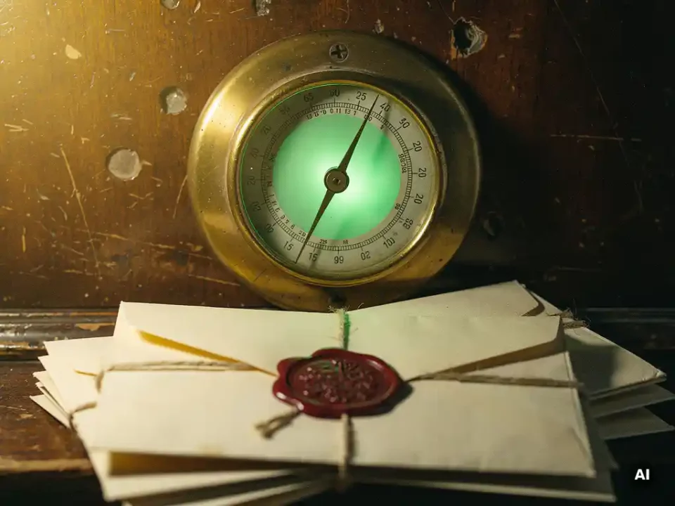 Vintage brass analog gauge pointing to a glowing green zone on a weathered wooden panel, surrounded by bundled envelopes and a wax seal.