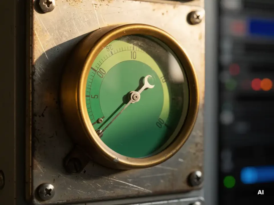 Vintage brass pressure gauge needle pointing into the green zone, mounted on a weathered metal panel in an email server room.