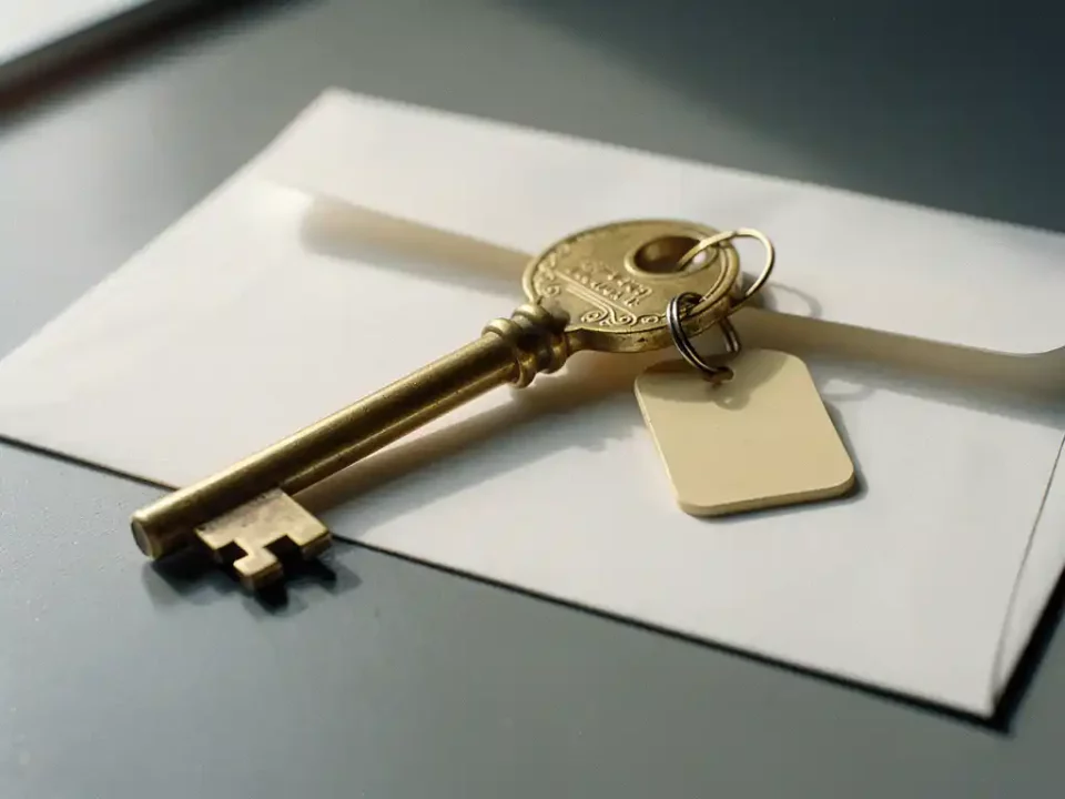 Vintage brass master key with identification tag resting on a white envelope, soft natural light highlighting fine metal engravings.