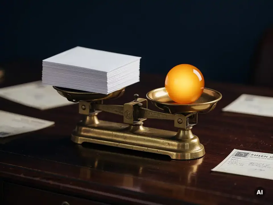 Vintage brass postal scale balancing white envelopes against a glowing amber sphere on a mahogany desk with sender logs.